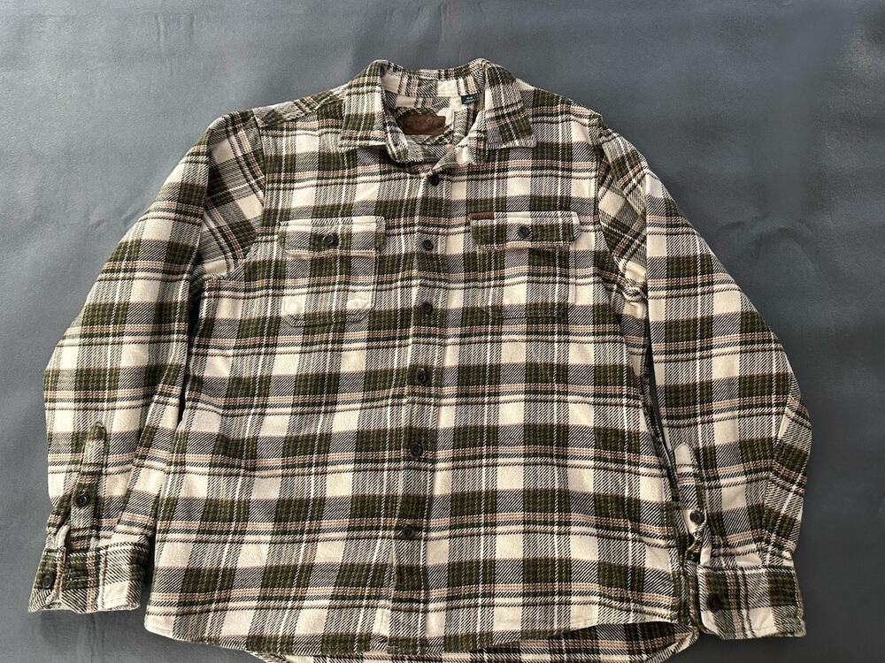 Orvis Men’s M Heavyweight Plaid Flannel Shirt Jacket Green Cream Utility Pockets